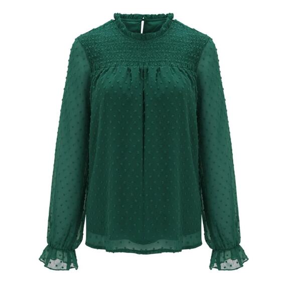 SIMU Women’s Casual Green Dot Texture Blouse, Round Neck Ruffle, Size Small - Picture 6 of 6